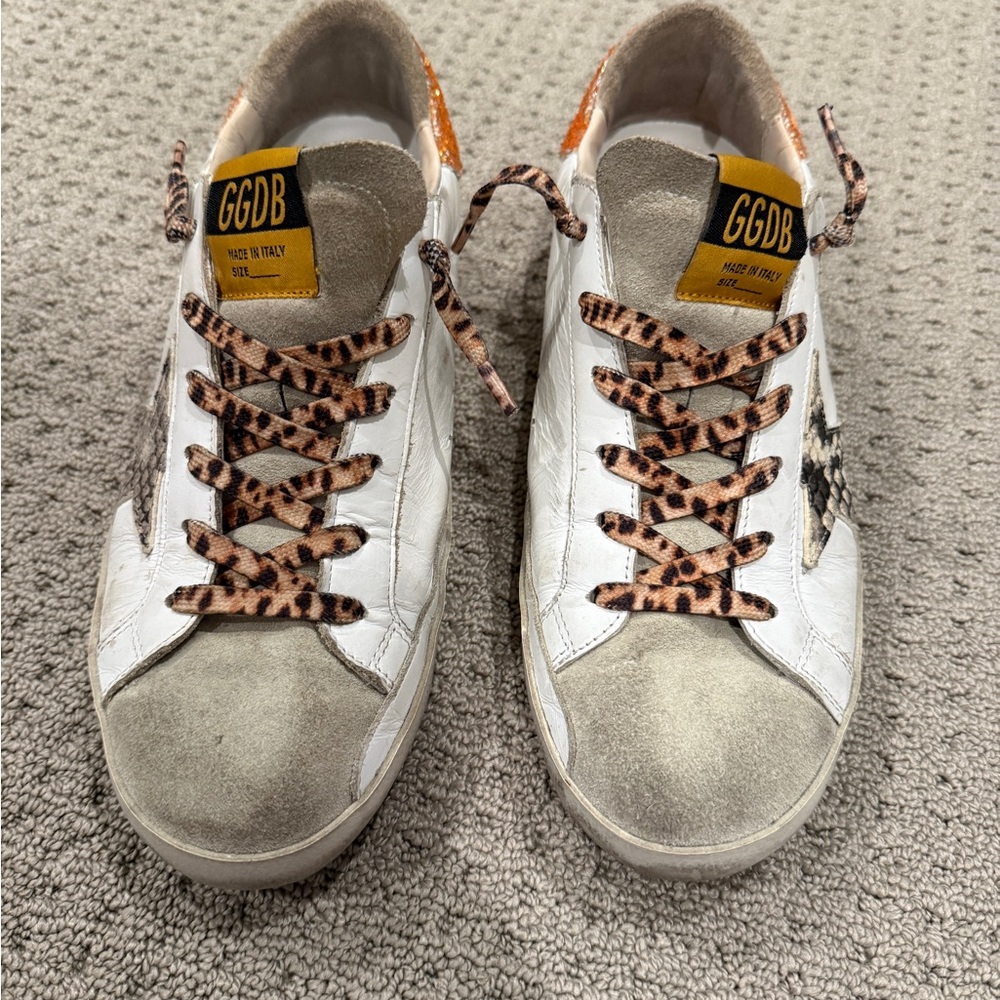 Golden Goose White and Leopard Print Sneakers
